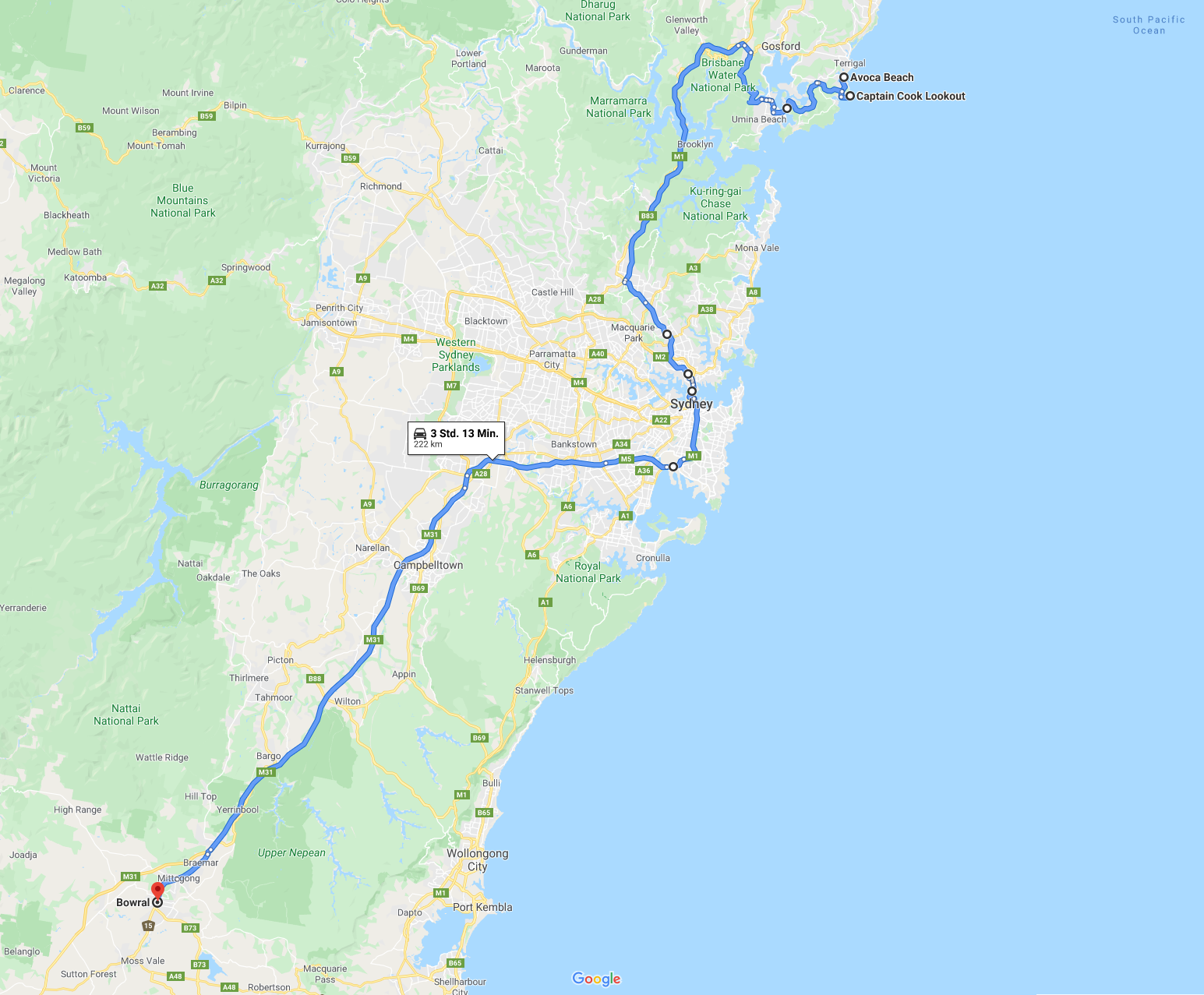 2020 01 24 08 Avoca Beach bis Bowral Route